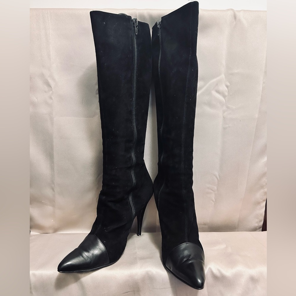Women’s Black Suede Knee High Stilettos Heel Boots w/ Leather Toe Sz.43 (US.10)